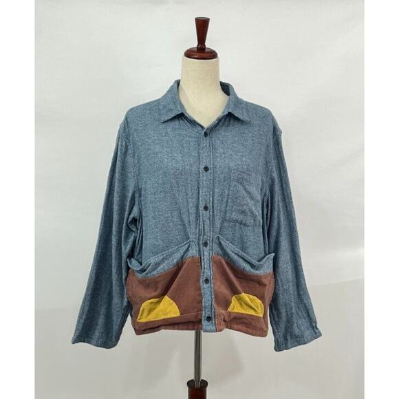 FLUX BENE OS S M Blue Sketchbook Jacket Cotton Corduroy Flannel Top Shacket Fall - Picture 8 of 8